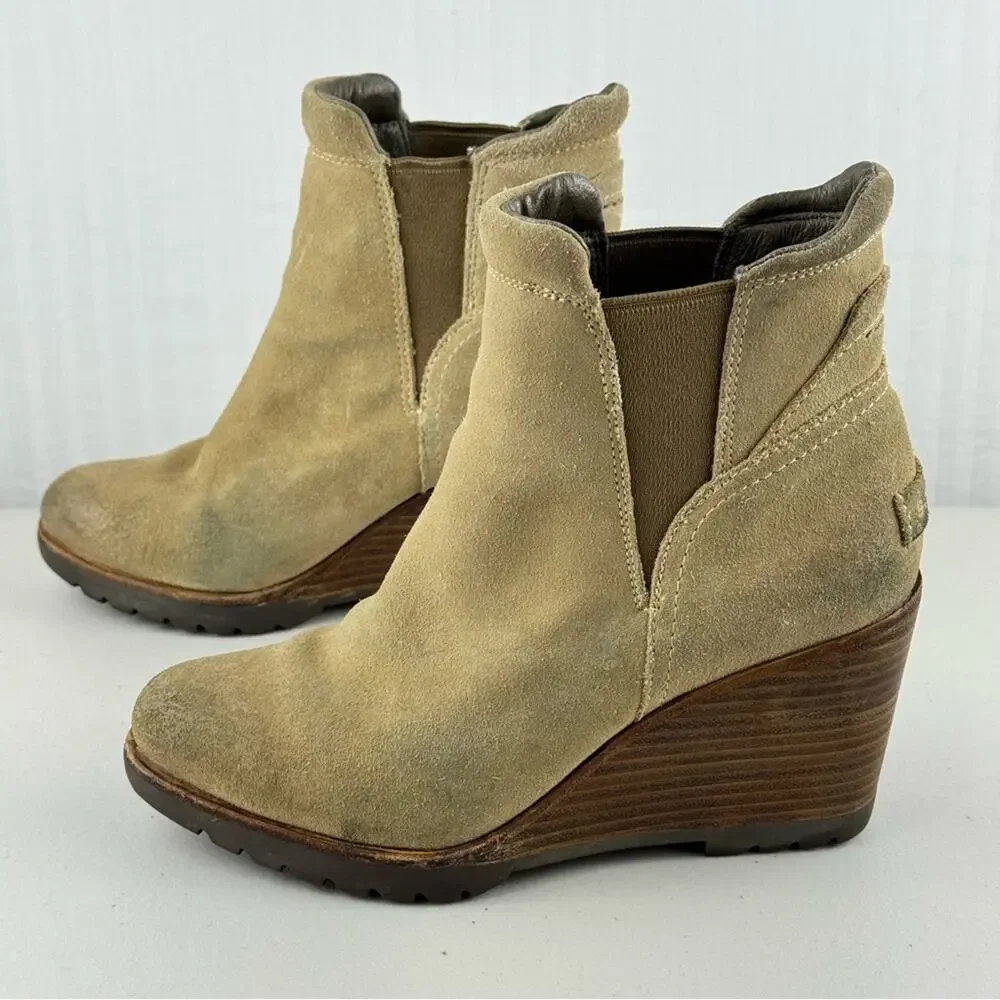 Sorel After Hours Chelsea Boot Tan Suede Wedge Ankle Boots Women’s Size 7 EUR 38
